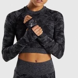 Gymshark Camo Seamless Long Sleeve Crop Top Black Gray XS